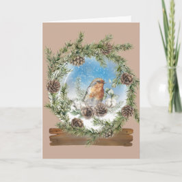 Rustige Pine Wreath en Bird Snow Wereldbol Kerstmi Kaart