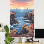 Rustige pixelvormige zonsopgang over de oceaan met poster (Thuiskantoor)