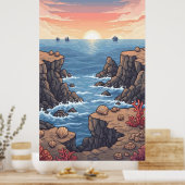 Rustige pixelvormige zonsopgang over de oceaan met poster (Keuken)
