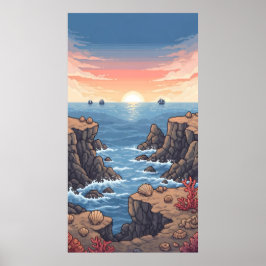 Rustige pixelvormige zonsopgang over de oceaan met poster