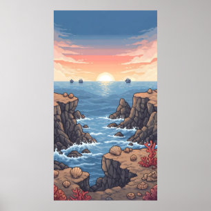 Rustige pixelvormige zonsopgang over de oceaan met poster