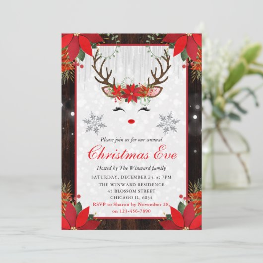 Rustige Poinsettia Reindeer Face kerstavond Kaart (Staand voorkant)