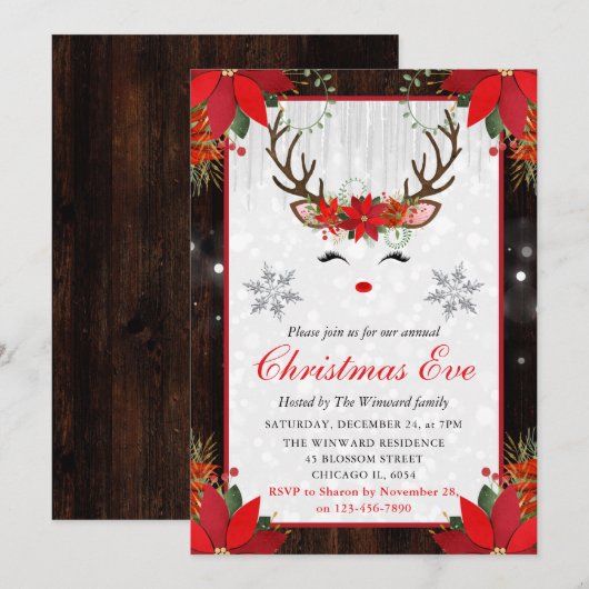 Rustige Poinsettia Reindeer Face kerstavond Kaart (Voorkant / Achterkant)