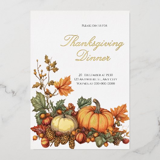Rustige pompoen Thanksgiving-feest Folie Uitnodiging (Voorkant)