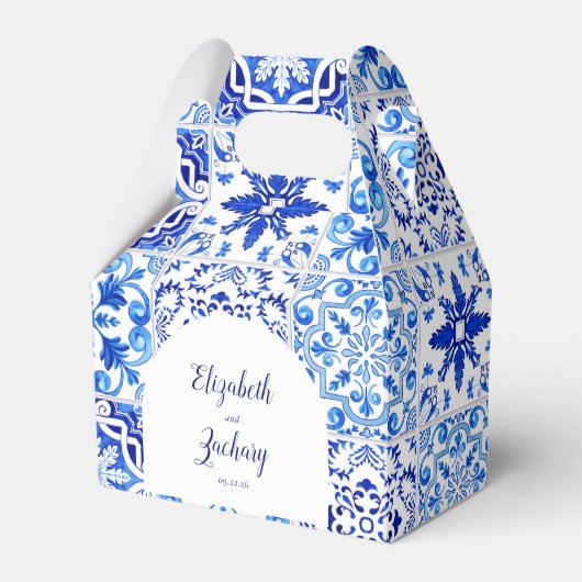 Rustige Portugese Tegels Blue White Arch Wedding Bedankdoosjes (Voorkant Zijde)