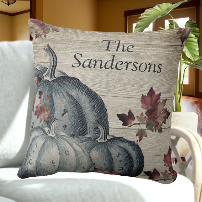 Rustige puistblauw pompoen met bladeren houtdraad  kussen (Creator heeft geüpload)