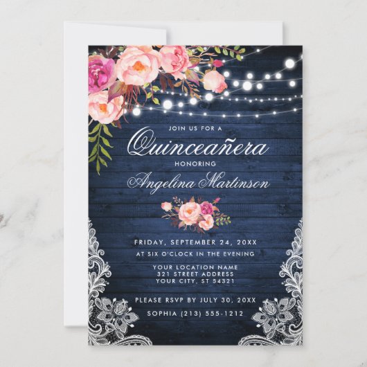 Rustige Quinceanera Blue Wood Licht Roze Floral Kaart (Voorkant)