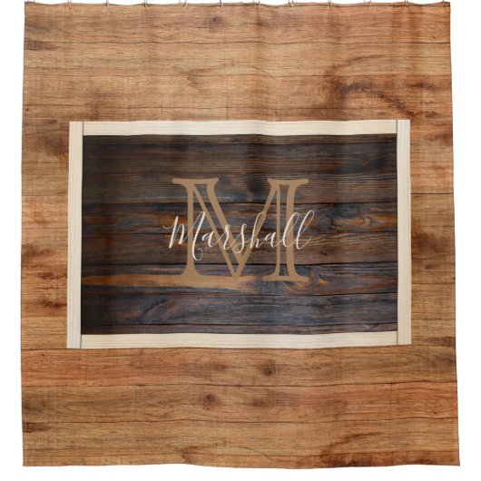 Rustige rechthoek met lichthout toon monogram douchegordijn (Voorkant)