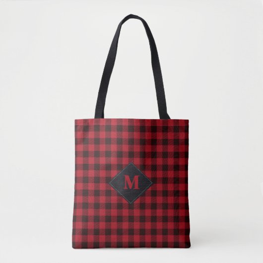 Rustige Red Black Buffalo Check Monogram Diamond Tote Bag (Voorkant)