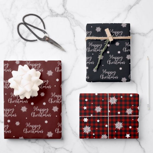 Rustige Red Black Happy kerstsnowflakes geplakt Inpakpapier Vel (Voorkant)