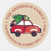 Rustige Red Car Festive-adres kerstretour Ronde Sticker (Voorkant)