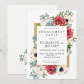 Rustige Red en Gold Floral Engagement Party Kaart (Voorkant / Achterkant)
