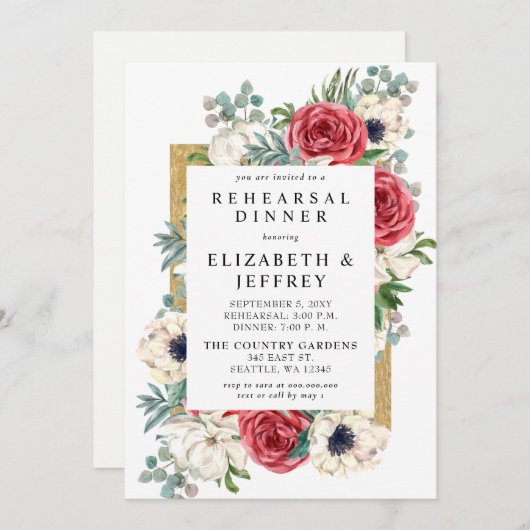 Rustige Red en Gold Floral repesal Dinner Kaart (Voorkant / Achterkant)