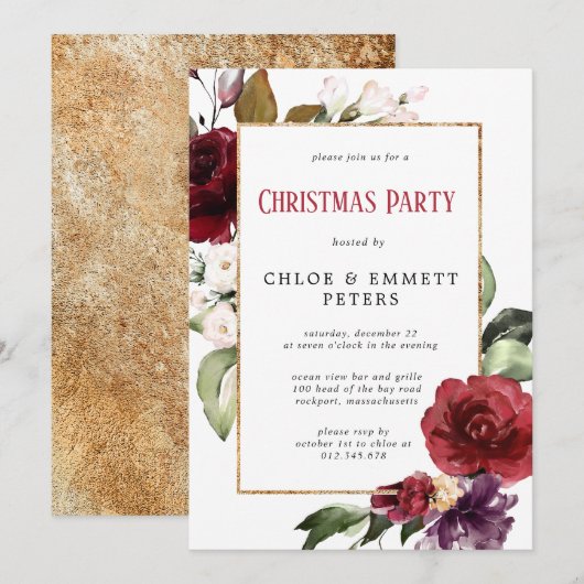 Rustige Red Floral Gold kerstparty Kaart (Voorkant / Achterkant)