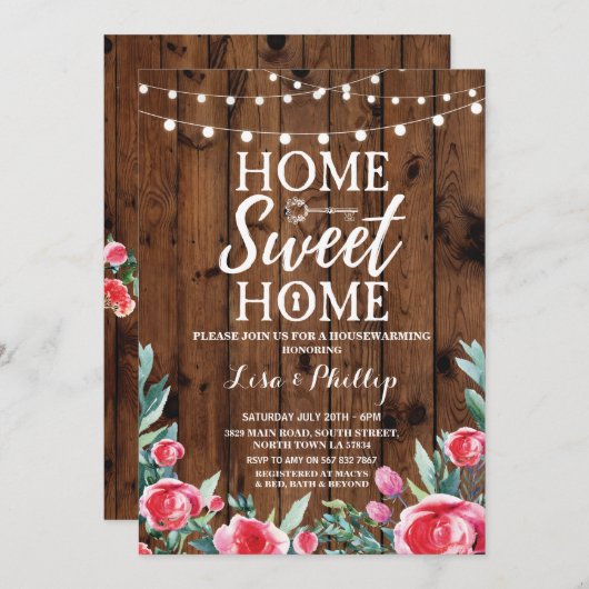 Rustige Red Floral Housewarming Wood Key Invite Kaart (Voorkant / Achterkant)