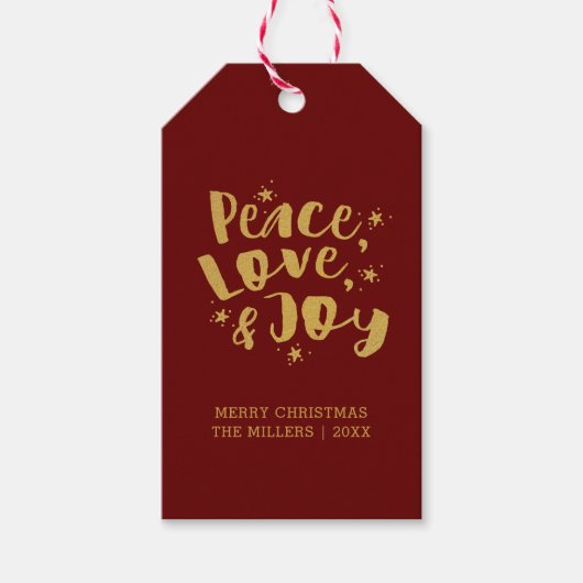 Rustige Red Gold Peace Love & Joy Holiday Kerstmis Cadeaulabel (Voorkant)
