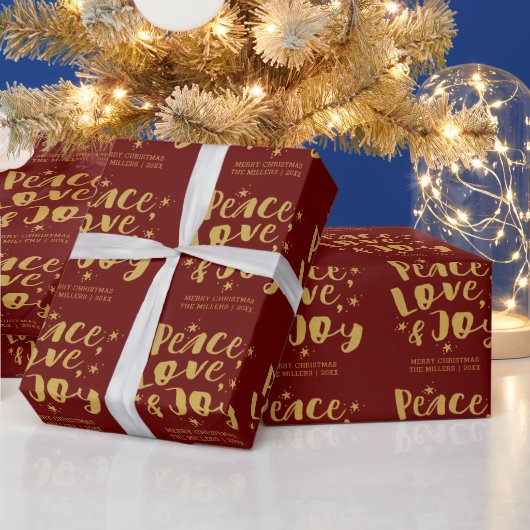 Rustige Red Gold Peace Love & Joy Holiday Kerstmis Cadeaupapier (Feestdagen)