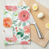 Rustige Red Oranje Waterverf Flowers Monogram Theedoek (Quarter Fold)