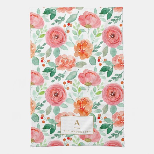 Rustige Red Oranje Waterverf Flowers Monogram Theedoek (Verticaal)