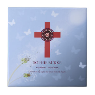 Rustige Red Rosette Cross Blue Pet Memorial Tegeltje