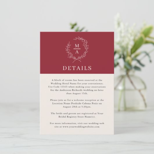 Rustige Red Simple Elegant Monogram - Gegevens Informatiekaartje (Staand voorkant)