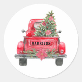 Rustige Red Truck Familie Naam kerstboom Ronde Sticker