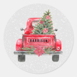 Rustige Red Truck Familie Naam kerstboom Ronde Sticker
