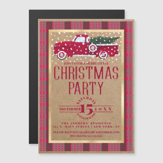 Rustige Red Truck Flannel Kerstfeest Magnetische Uitnodiging (Voorkant / Achterkant)