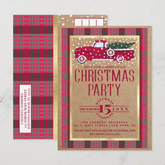 Rustige Red Truck Flannel Kerstfeest Uitnodiging Briefkaart (Voorkant / Achterkant)