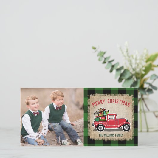 Rustige  Red Truck Green Buffalo Pset Foto Feestdagenkaart (Staand voorkant)