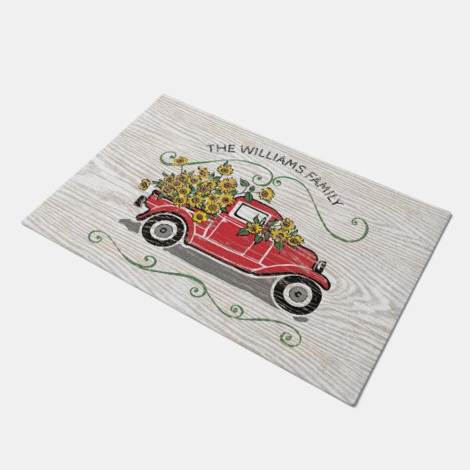 Rustige  Red Truck - Monogram zonnebloemen Deurmat (Schuin)
