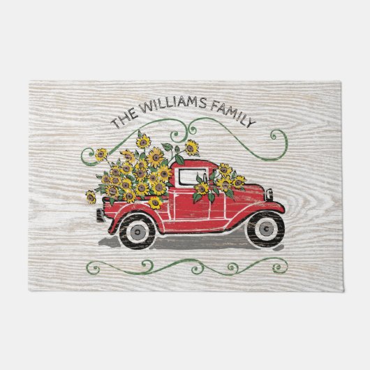 Rustige  Red Truck - Monogram zonnebloemen Deurmat (Voorkant)