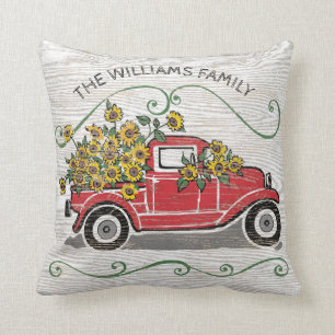 Rustige  Red Truck - Monogram zonnebloemen Kussen