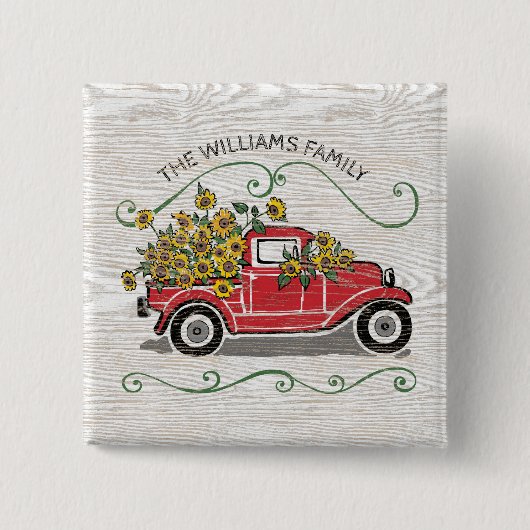 Rustige Red Truck - Monogram zonnebloemen Vierkante Button 5,1 Cm (Voorkant)