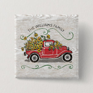 Rustige  Red Truck - Monogram zonnebloemen Vierkante Button 5,1 Cm