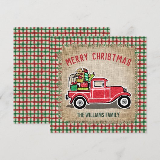 Rustige  Red Truck Pset Burlap Familie Feestdagenkaart (Voorkant / Achterkant)