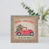 Rustige  Red Truck Pset Burlap Familie Feestdagenkaart (Staand voorkant)