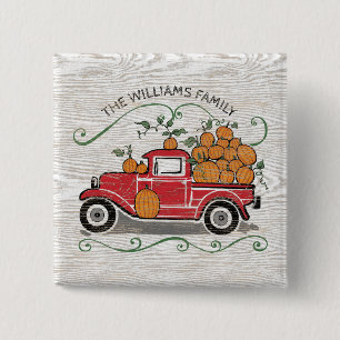 Rustige  Red Truck Pumpkins Familienaam Vierkante Button 5,1 Cm