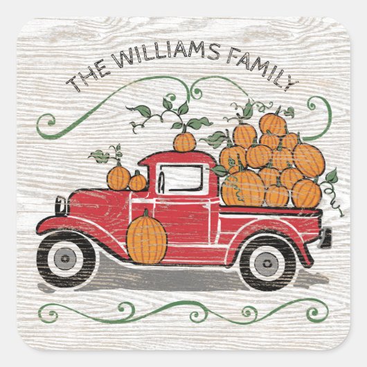 Rustige  Red Truck Pumpkins Familienaam Vierkante Sticker (Voorkant)