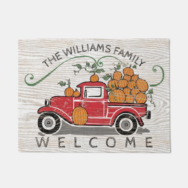 Rustige  Red Truck Pumpkins Monogram Welkom Deurmat (Voorkant)