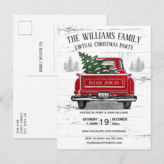 Rustige,  Red Truck van de Virtuele Kerstpartij Uitnodiging Briefkaart (Voorkant / Achterkant)