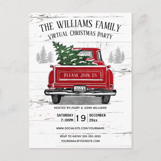 Rustige,  Red Truck van de Virtuele Kerstpartij Uitnodiging Briefkaart (Voorkant)