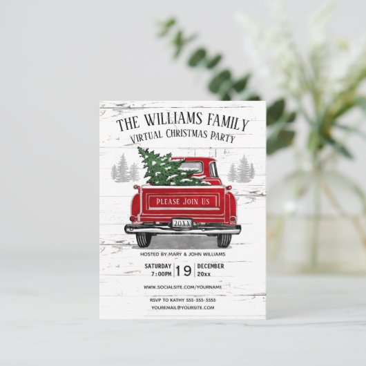 Rustige,  Red Truck van de Virtuele Kerstpartij Uitnodiging Briefkaart (Staand voorkant)