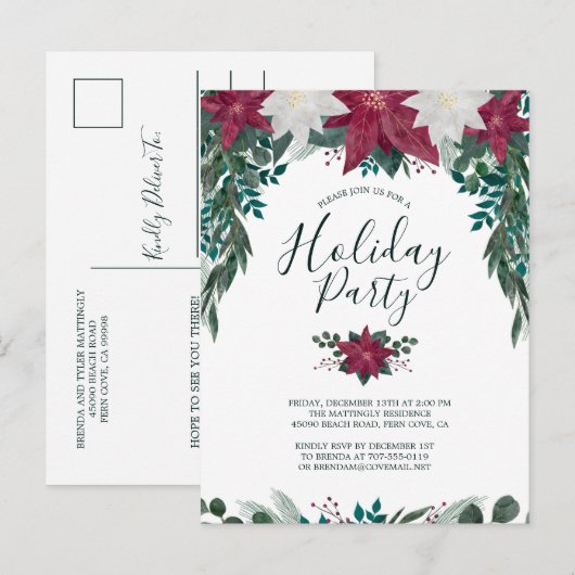 Rustige Red White Poinsettia Foliage Holiday Party Uitnodiging Briefkaart (Voorkant / Achterkant)