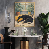 Rustige regendag met slapende zwarte windhond poster