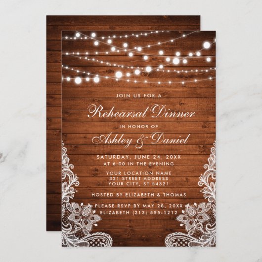 Rustige repetitie: Dinner Wood String Lights Lace Kaart (Voorkant / Achterkant)