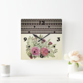 Rustige retro beige sepia waterverf bloemen rood vierkante klok (Huis)