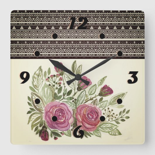 Rustige retro beige sepia waterverf bloemen rood vierkante klok (Voorkant)