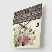 Rustige retro beige sepia waterverf bloemen rood vierkante klok (Hoek)