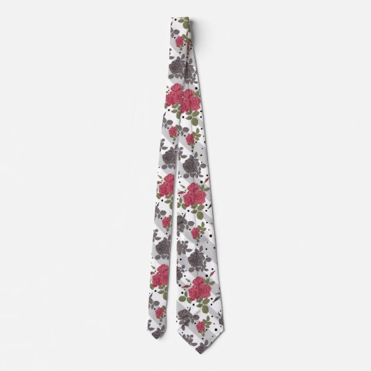 Rustige retro grijze gestreepte bloemen rode rozen stropdas (Achterkant)